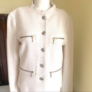 Zara Creamy Beige Cotton Tweed Blazer Metal Zippers Buttons Long Sleeve US M-L